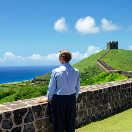 A professional, adventurous tourist in a modest and appropriate long-sleeved shirt and trousers, standing on a historic stone bastion at Brimstone Hill Fortress National Park in St. Kitts. The person is gazing out at the vast panoramic view of the Caribbean Sea and Atlantic Ocean, with lush green hills in the foreground. Sunlight illuminates the scene, casting soft shadows. The architecture of the ancient fort is visible, with a historical cannon in the background. High-quality professional photography, natural lighting, perfect anatomy, correct proportions, natural pose, well-formed hands, proper finger count, natural body proportions, ultra-detailed, sharp focus, safe for work, appropriate content, fully clothed, modest, professional dress.