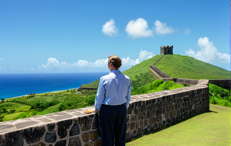 A professional, adventurous tourist in a modest and appropriate long-sleeved shirt and trousers, standing on a historic stone bastion at Brimstone Hill Fortress National Park in St. Kitts. The person is gazing out at the vast panoramic view of the Caribbean Sea and Atlantic Ocean, with lush green hills in the foreground. Sunlight illuminates the scene, casting soft shadows. The architecture of the ancient fort is visible, with a historical cannon in the background. High-quality professional photography, natural lighting, perfect anatomy, correct proportions, natural pose, well-formed hands, proper finger count, natural body proportions, ultra-detailed, sharp focus, safe for work, appropriate content, fully clothed, modest, professional dress.