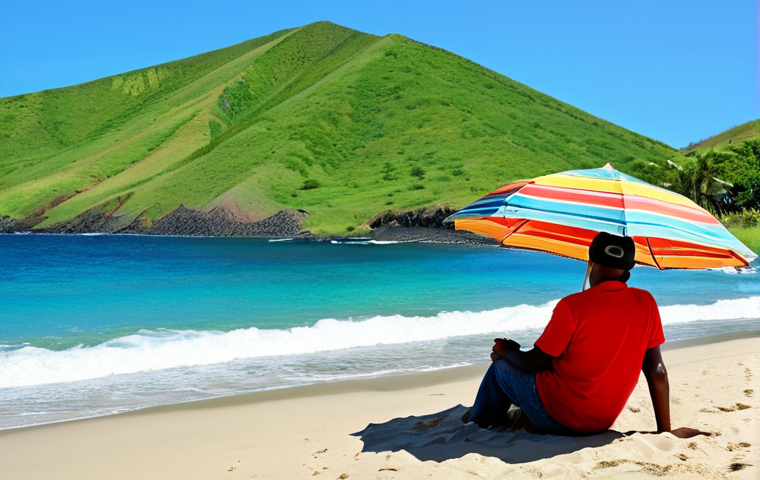 Safe Beach Scene**
"A fully clothed tourist couple enjoying a sunny day on a beautiful beach in Saint Kitts. They are wearing modest swimwear and hats, sitting under a colorful umbrella. In the background, clear turquoise water and lush green hills. No exposed skin. Safe for work. Appropriate content. Perfect anatomy, correct proportions, natural pose, well-formed hands. Family-friendly. High quality."
**