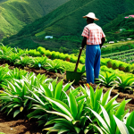 Diversified Farm in St. Kitts & Nevis**

"A vibrant, fully clothed farmer tending rows of colorful tropical fruits and vegetables on a hillside farm in St. Kitts. Mango trees, pineapple plants, and neat rows of tomatoes are visible. In the background, the Caribbean Sea shimmers. Safe for work, appropriate content, family-friendly, professional agricultural photography, perfect anatomy, correct proportions, natural pose, fully clothed, modest attire."

**