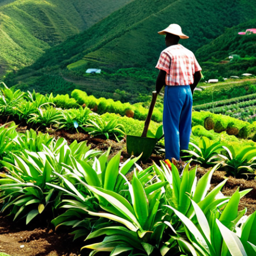 Diversified Farm in St. Kitts & Nevis**

"A vibrant, fully clothed farmer tending rows of colorful tropical fruits and vegetables on a hillside farm in St. Kitts. Mango trees, pineapple plants, and neat rows of tomatoes are visible. In the background, the Caribbean Sea shimmers. Safe for work, appropriate content, family-friendly, professional agricultural photography, perfect anatomy, correct proportions, natural pose, fully clothed, modest attire."

**