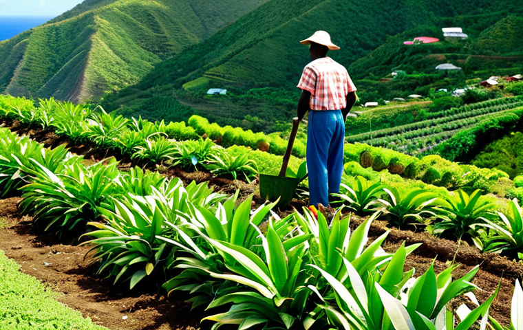 Diversified Farm in St. Kitts & Nevis**
"A vibrant, fully clothed farmer tending rows of colorful tropical fruits and vegetables on a hillside farm in St. Kitts. Mango trees, pineapple plants, and neat rows of tomatoes are visible. In the background, the Caribbean Sea shimmers. Safe for work, appropriate content, family-friendly, professional agricultural photography, perfect anatomy, correct proportions, natural pose, fully clothed, modest attire."
**