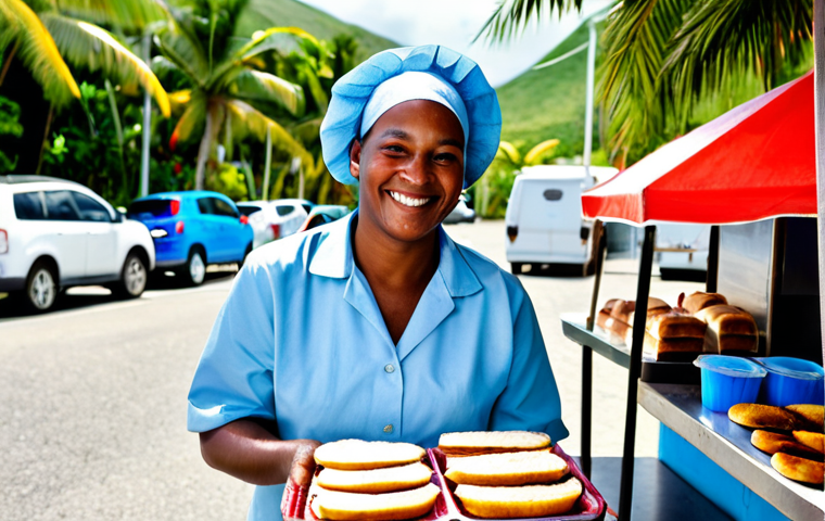 세인트키츠 네비스 현지 식당 추천 - Street Food Vendor**

A friendly street food vendor in St. Kitts, preparing "bake and shark" sandwic...