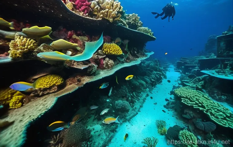세인트키츠 네비스 스쿠버다이빙 명소 - **"A vibrant underwater scene inside the MV River Taw shipwreck, located at a depth of approximately...