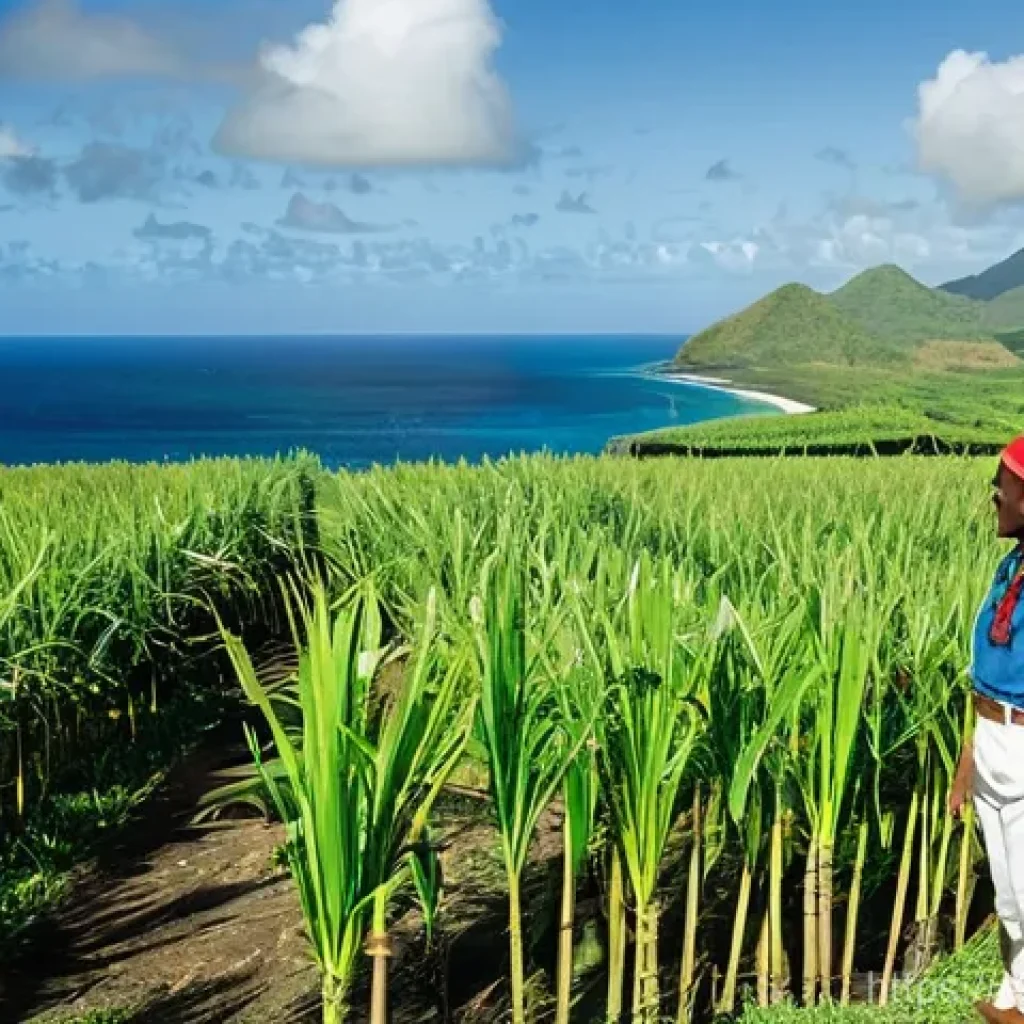 세인트키츠 네비스 럼주 문화 - **Historical Rum Production on a Caribbean Plantation:**
"An idyllic, sun-drenched scene on a hi...