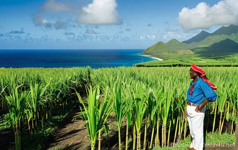 세인트키츠 네비스 럼주 문화 - **Historical Rum Production on a Caribbean Plantation:**
    "An idyllic, sun-drenched scene on a hi...