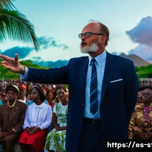 Home 30 세인트키츠 네비스 독립 운동가 - A powerful historical scene depicting Robert Llewellyn Bradshaw passionately addressing a diverse cr...