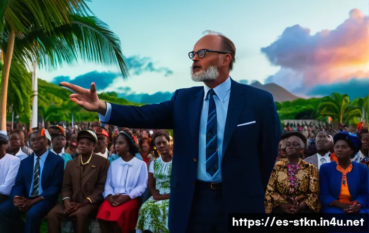 세인트키츠 네비스 독립 운동가 - A powerful historical scene depicting Robert Llewellyn Bradshaw passionately addressing a diverse cr...