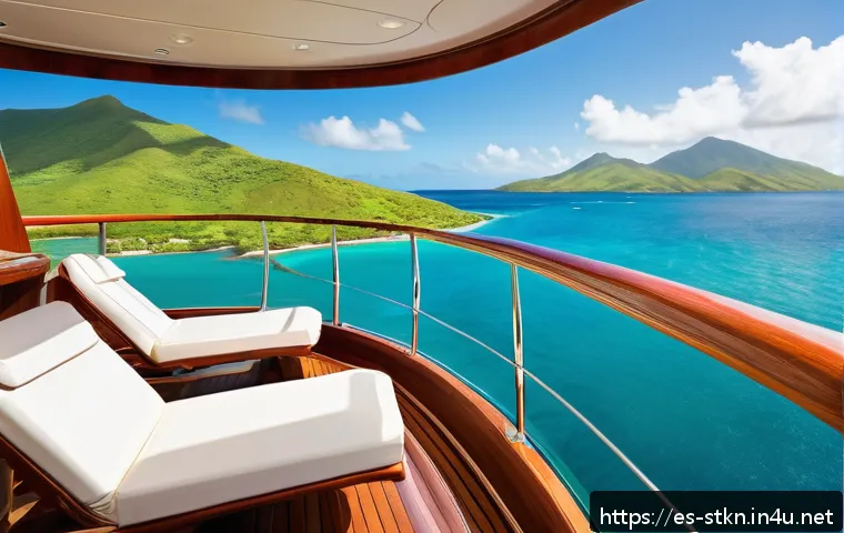 세인트키츠 네비스 요트 투어 - A luxurious yacht cruising along the vibrant turquoise waters of Saint Kitts and Nevis under a brigh...
