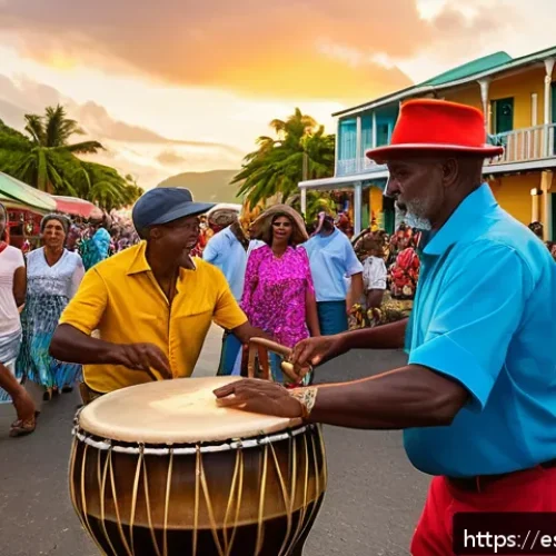 Home 28 세인트키츠 네비스 생활 및 안전 - A vibrant street scene in Saint Kitts and Nevis during a local festival at sunset, featuring warmly ...