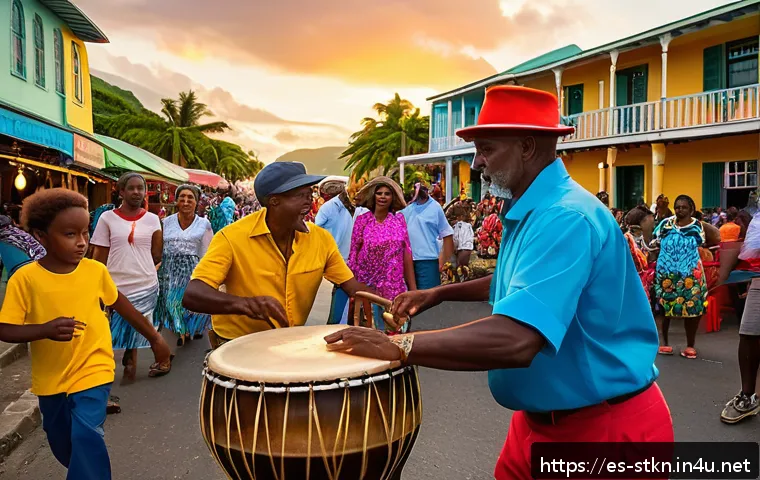 세인트키츠 네비스 생활 및 안전 - A vibrant street scene in Saint Kitts and Nevis during a local festival at sunset, featuring warmly ...