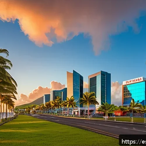 Home 15 세인트키츠 네비스 금융 산업 - A modern financial district in Saint Kitts and Nevis at sunset, featuring sleek glass skyscrapers wi...
