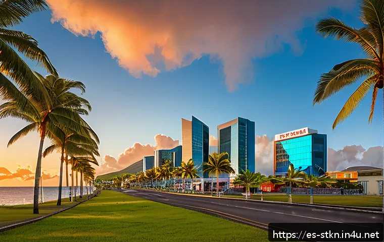 세인트키츠 네비스 금융 산업 - A modern financial district in Saint Kitts and Nevis at sunset, featuring sleek glass skyscrapers wi...