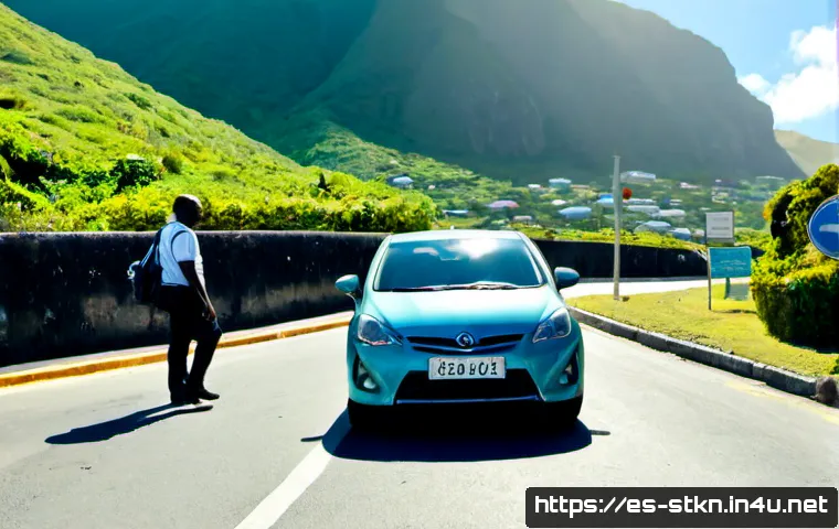 세인트키츠 네비스 도로 교통 법규 - Photorealistic Caribbean road safety scene in Saint Kitts and Nevis, a compact car driving on the le...