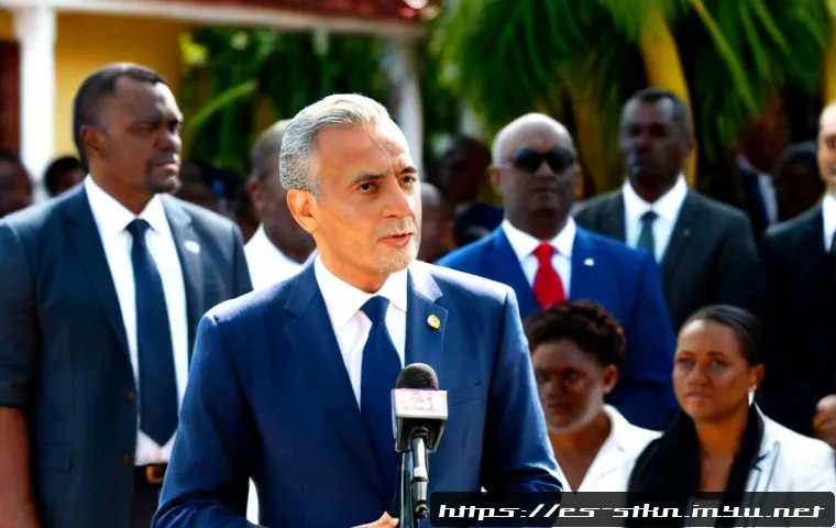 세인트키츠 네비스 정치 지도자 - Photorealistic Caribbean political leader in a tailored navy suit speaking confidently at an outdoor...