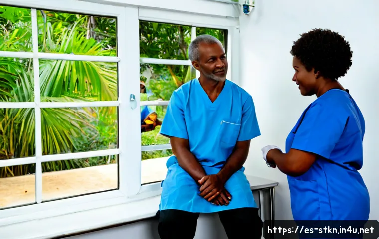 세인트키츠 네비스 코로나19 대응 - Photorealistic Caribbean public health clinic in Saint Kitts and Nevis, compassionate healthcare wor...
